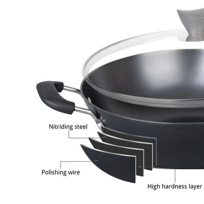Holzgriff-Abdeckung Roheisen-Bratpfanne-Induktions-chinesische Wok-Pans 30cm