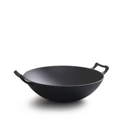 Vintage 32/36cm Gusseisen Wok mit doppelten Ohren
