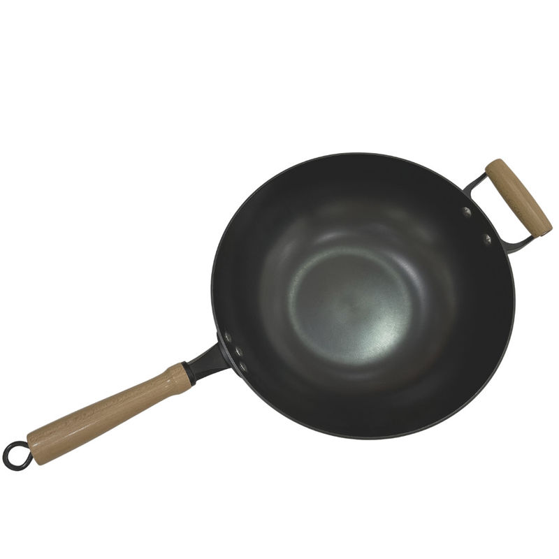 Hochleistungs-14 Zoll-Roheisen-Pan Chinese Wok Pan With-Holzgriff und Glasdeckel